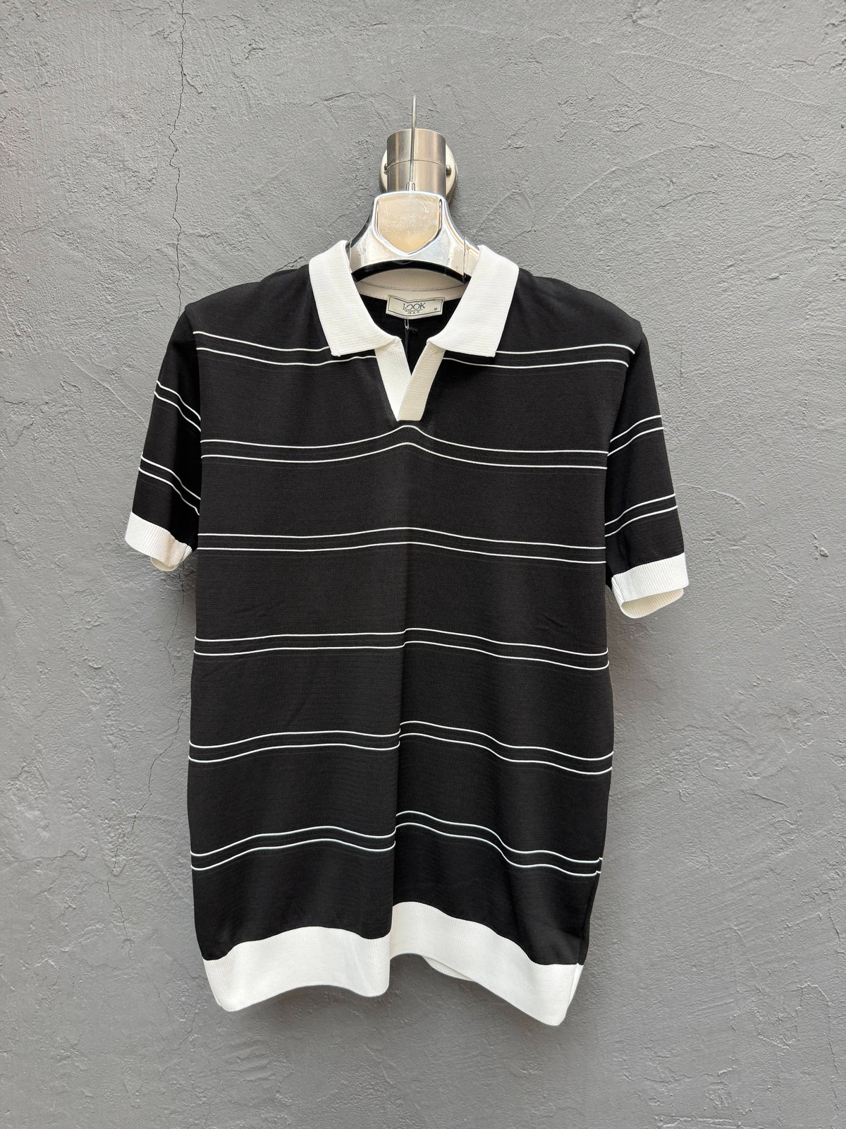 Polo Yaka Triko T-shirt Siyah Beyaz Çizgili