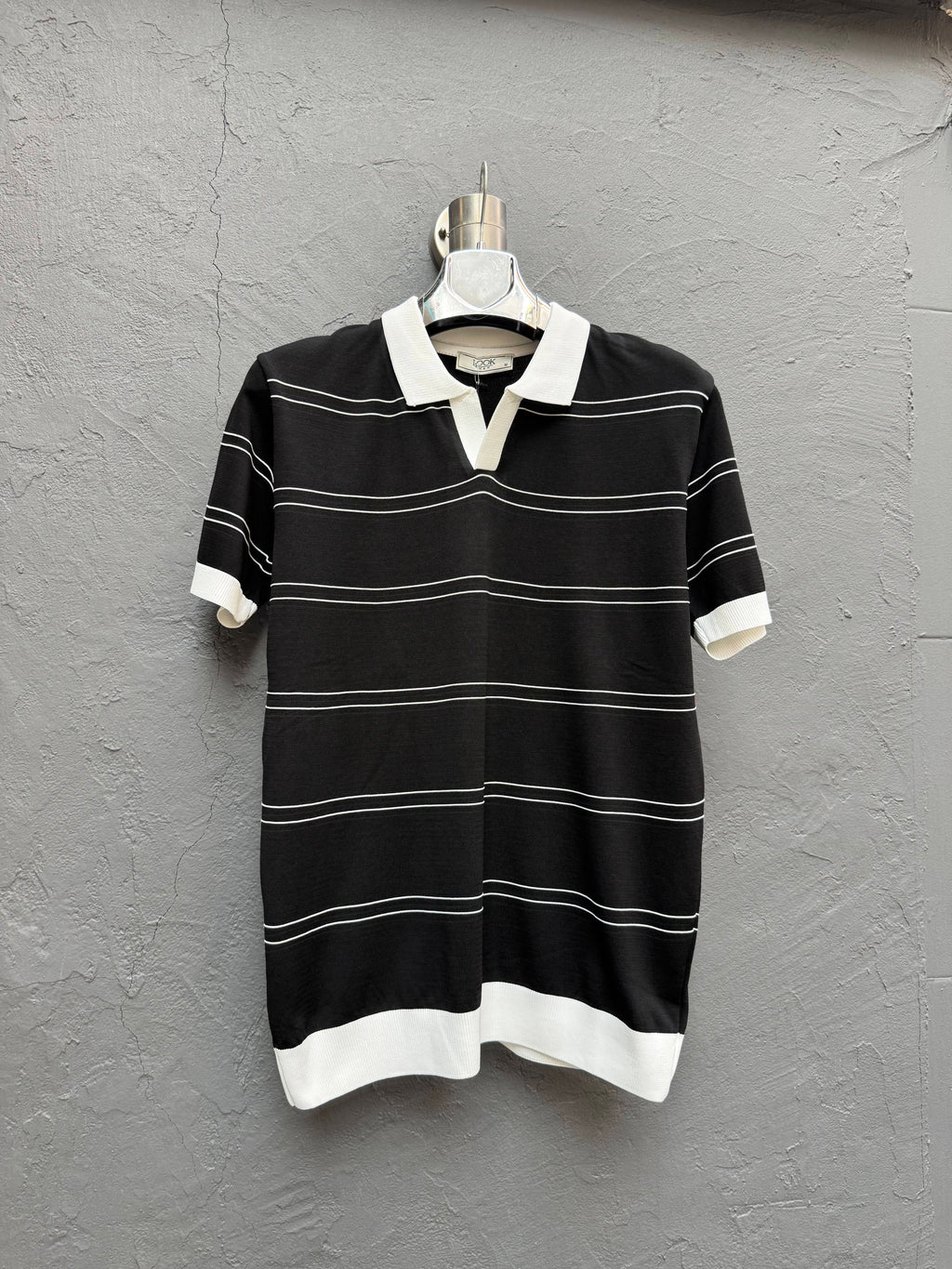 Polo Yaka Triko T-shirt Siyah Beyaz Çizgili