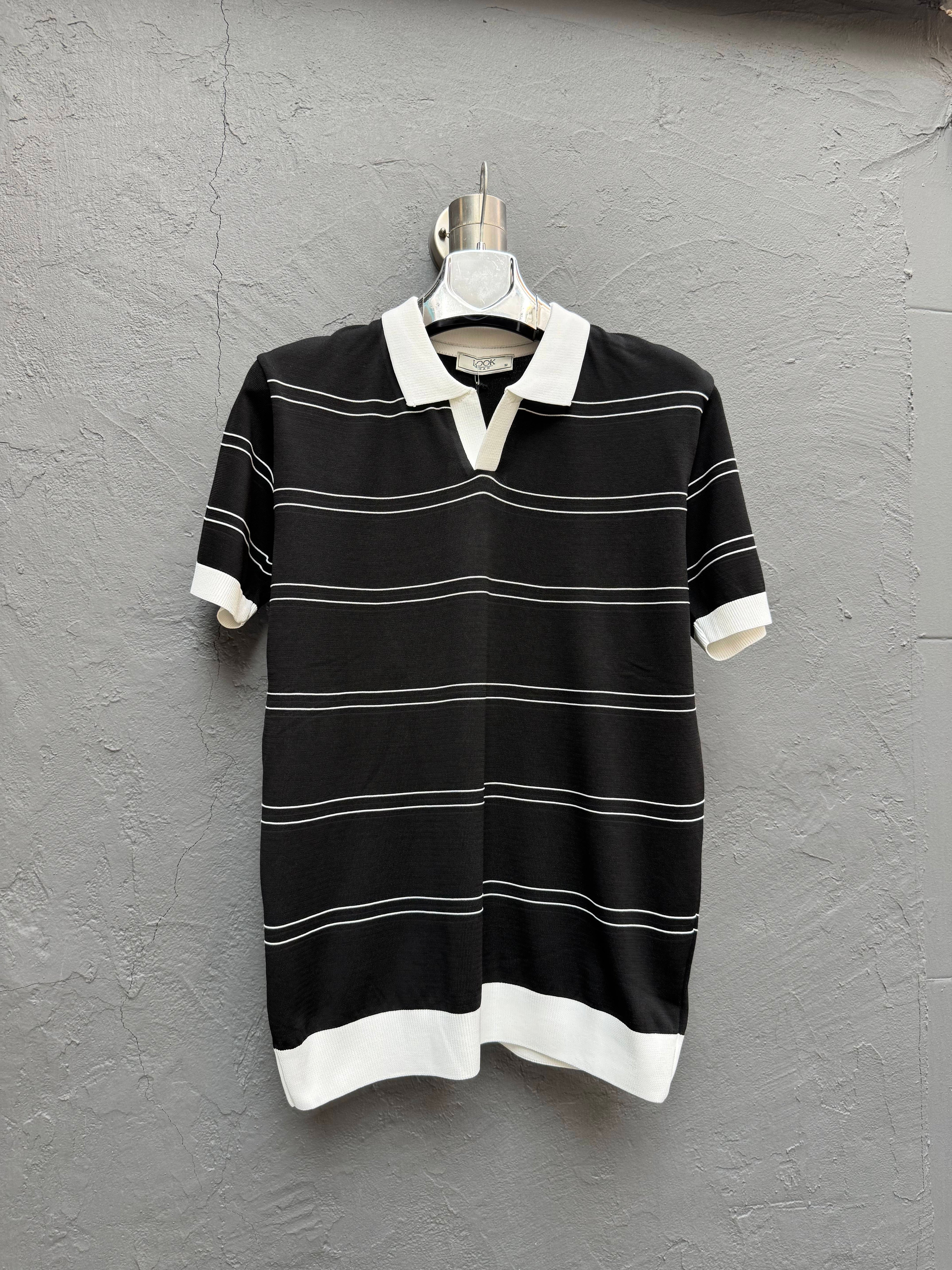 Polo Yaka Triko T-shirt Siyah Beyaz Çizgili