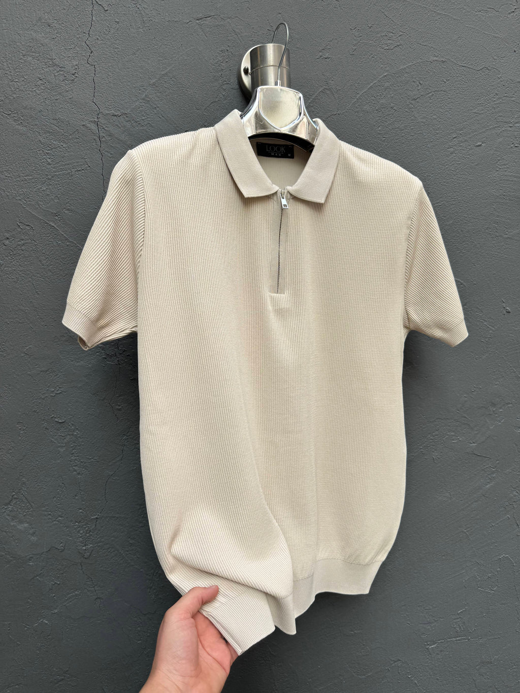 Yaka Fermuarlı Triko T-shirt Krem