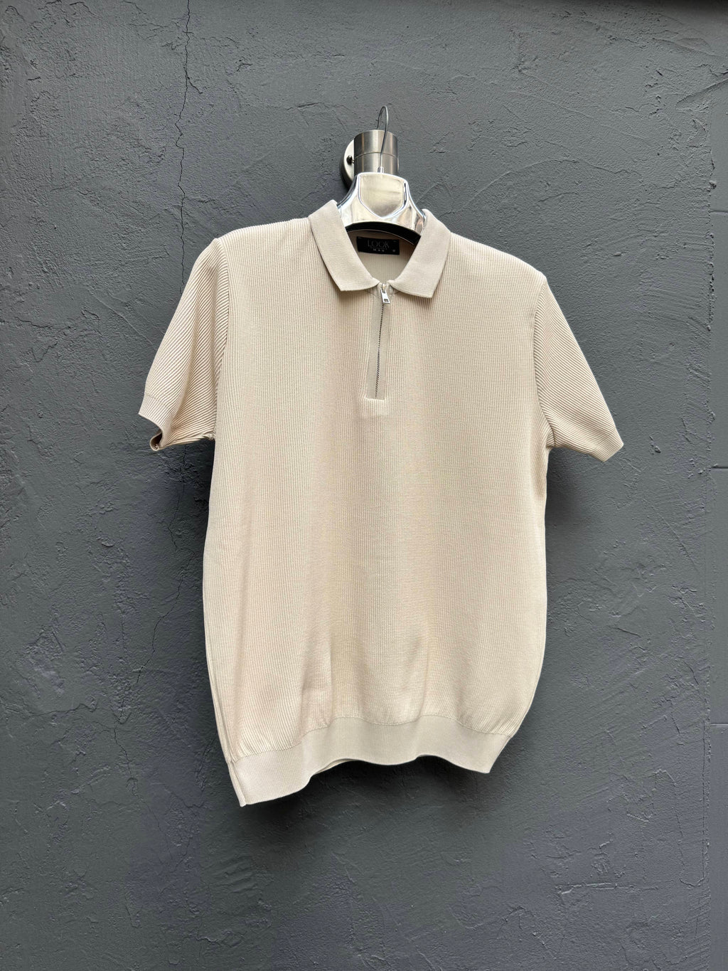 Yaka Fermuarlı Triko T-shirt Krem