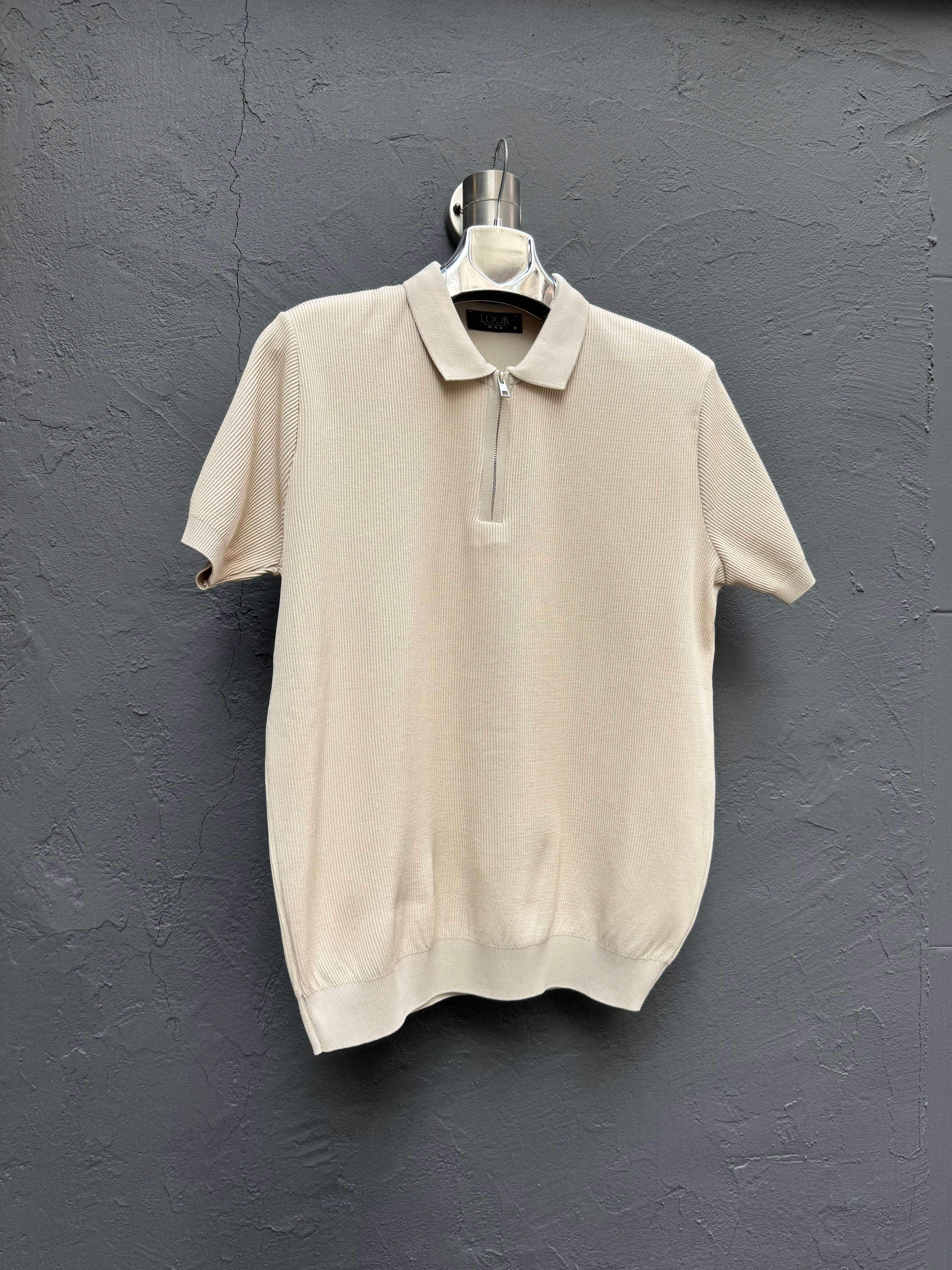 Yaka Fermuarlı Triko T-shirt Krem