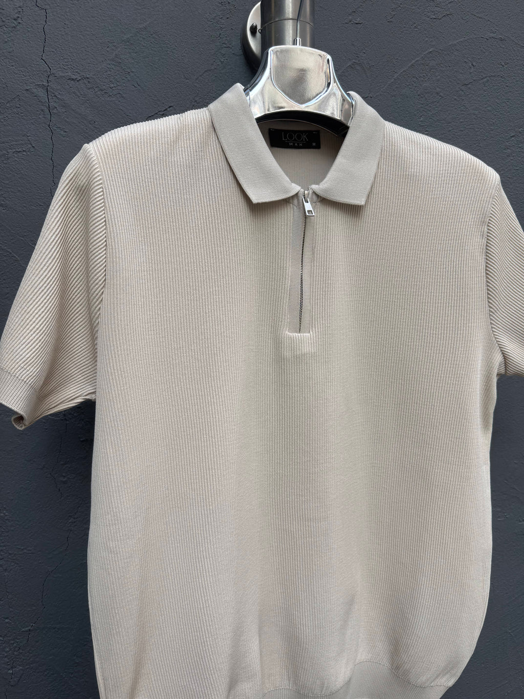 Yaka Fermuarlı Triko T-shirt Krem