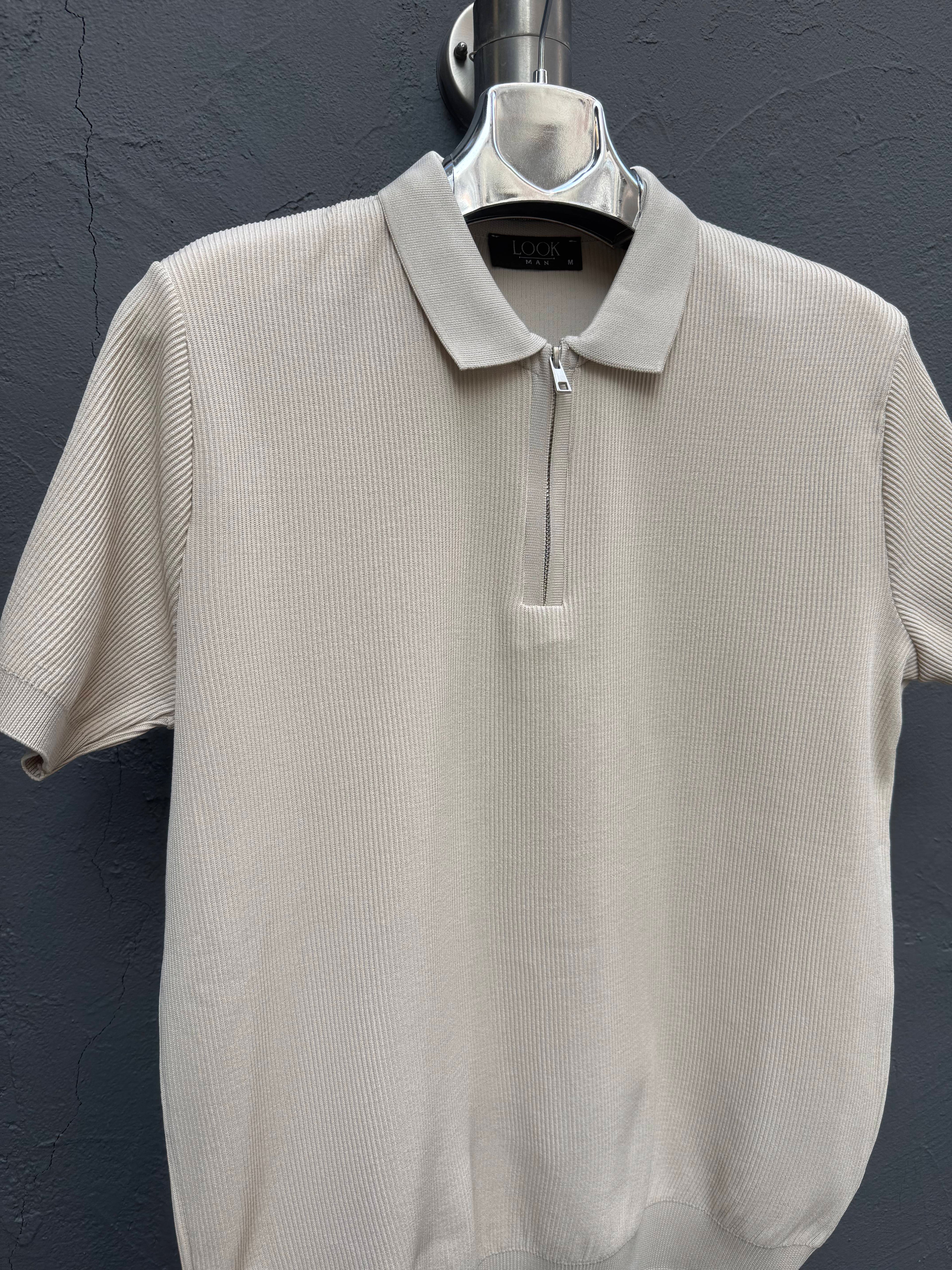 Yaka Fermuarlı Triko T-shirt Krem