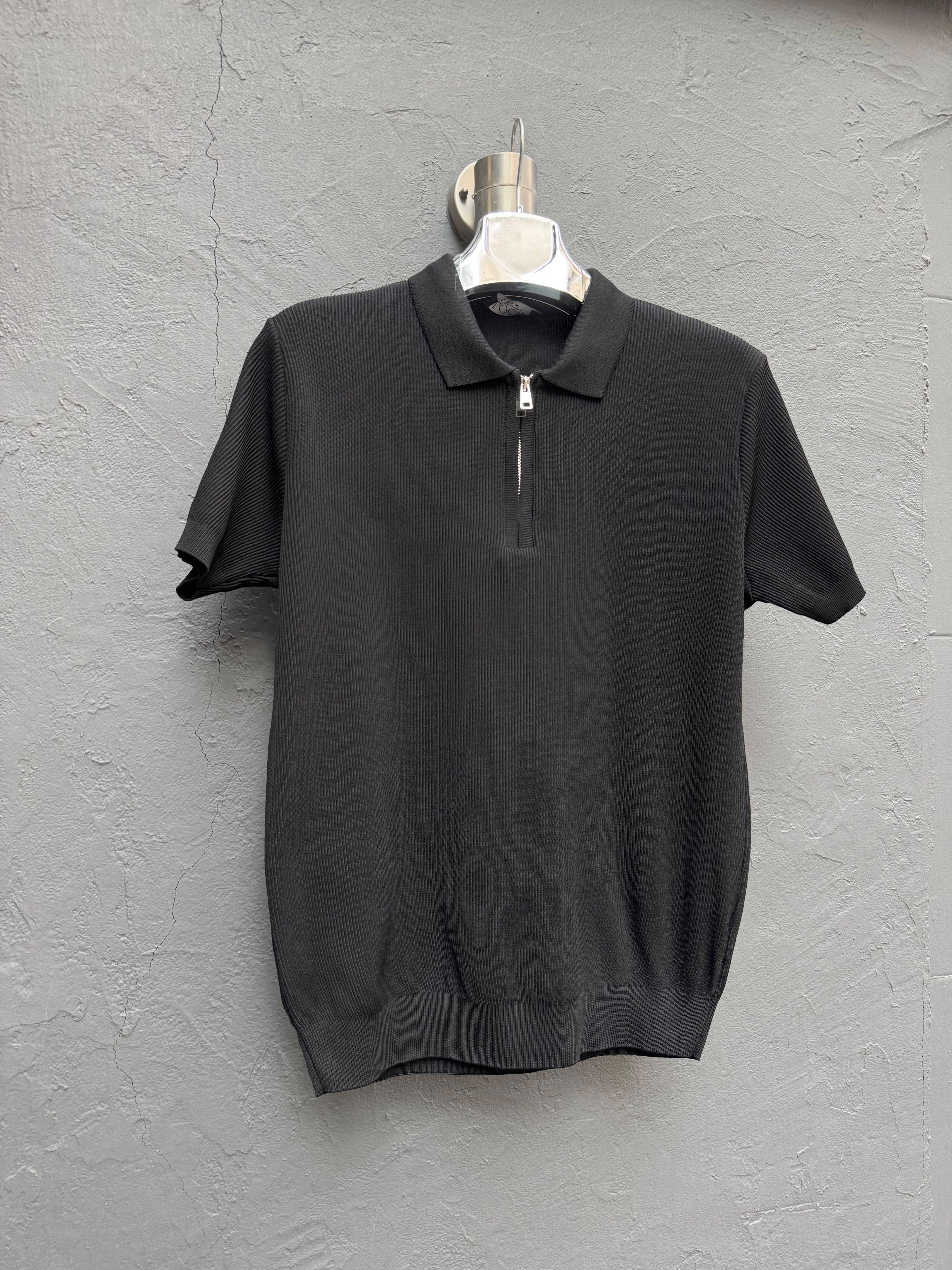 Yaka Fermuarlı Triko T-shirt Siyah