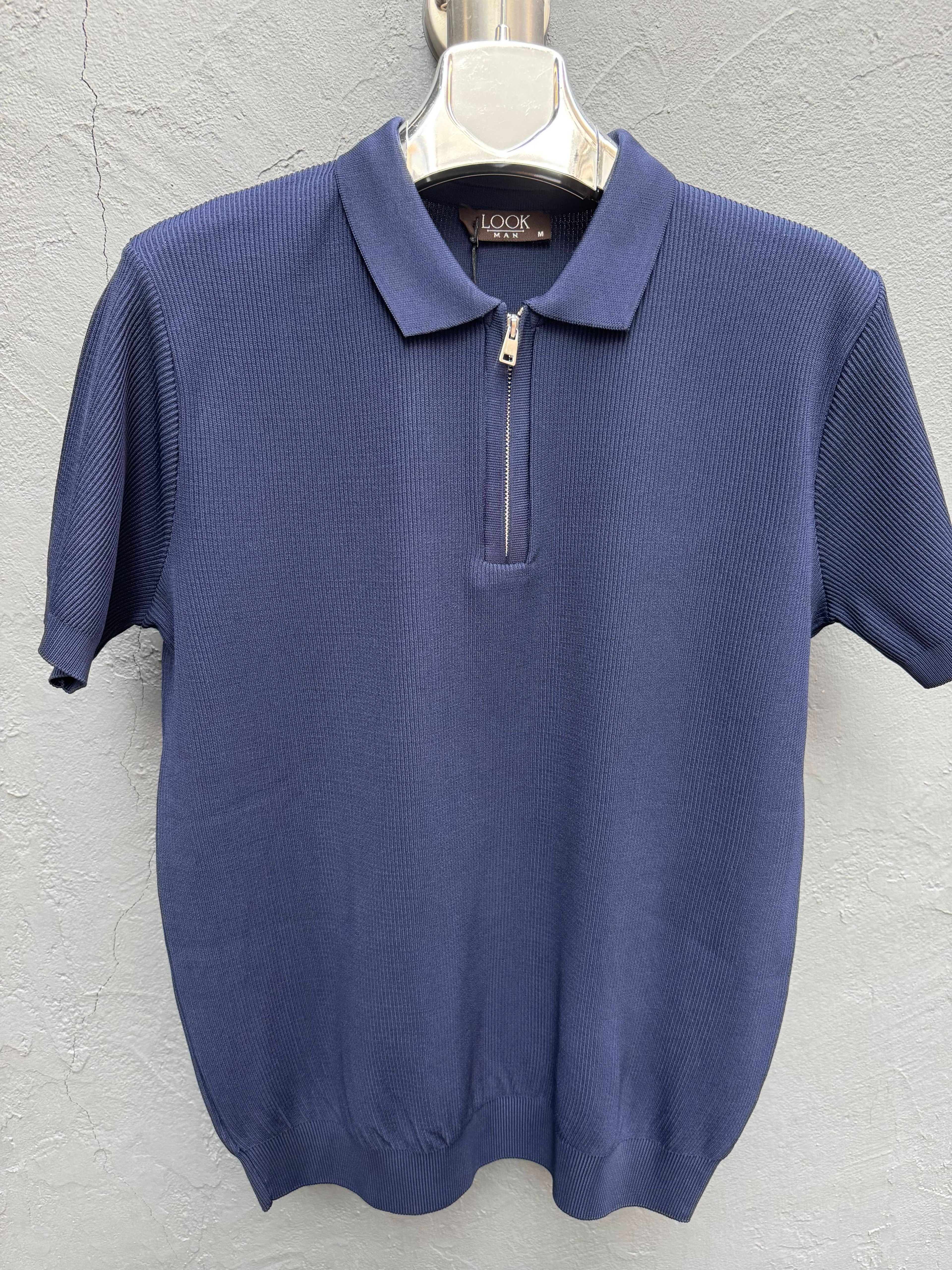 Yaka Fermuarlı Triko T-shirt Lacivert