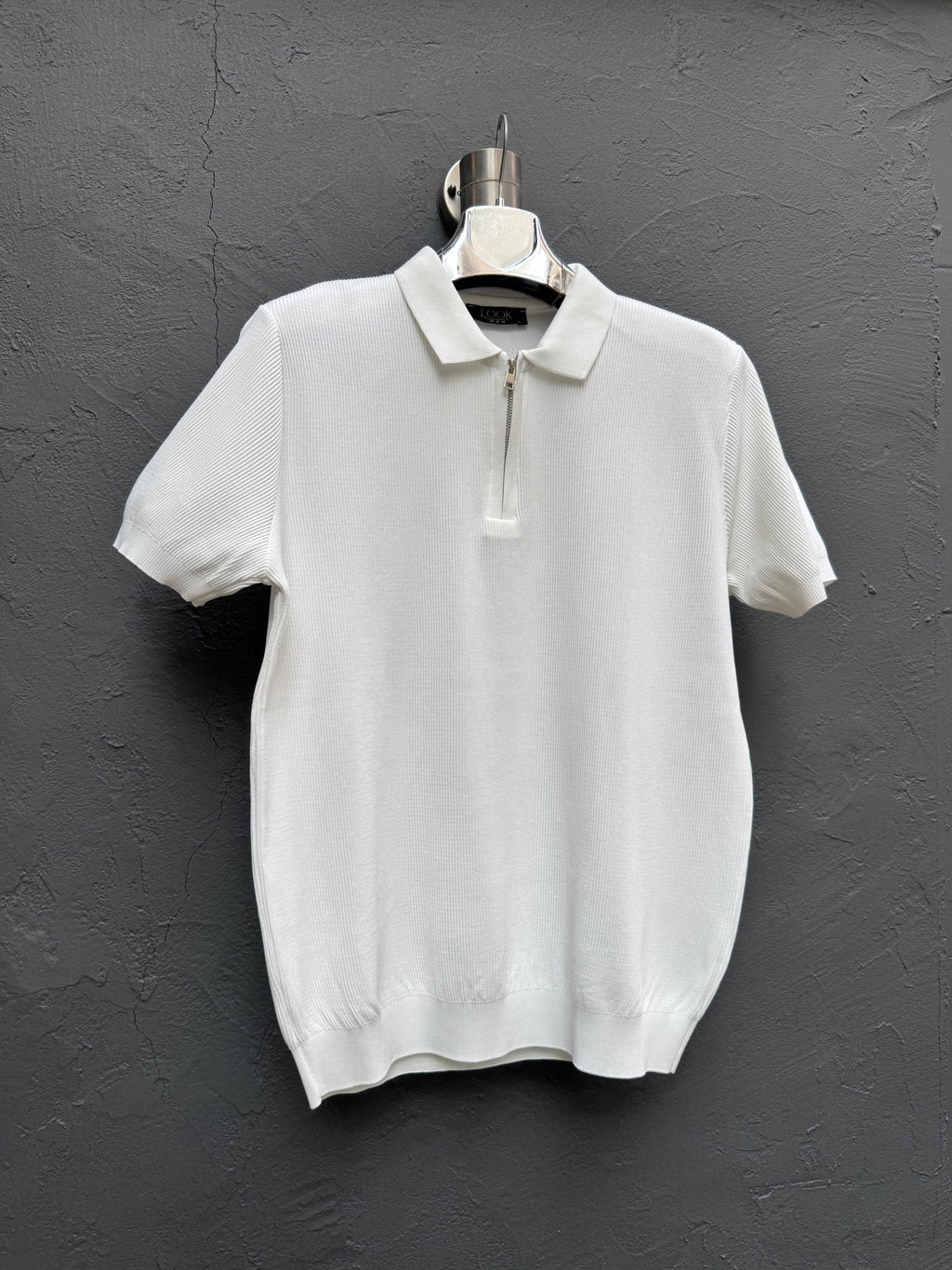 Yaka Fermuarlı Triko T-shirt Beyaz