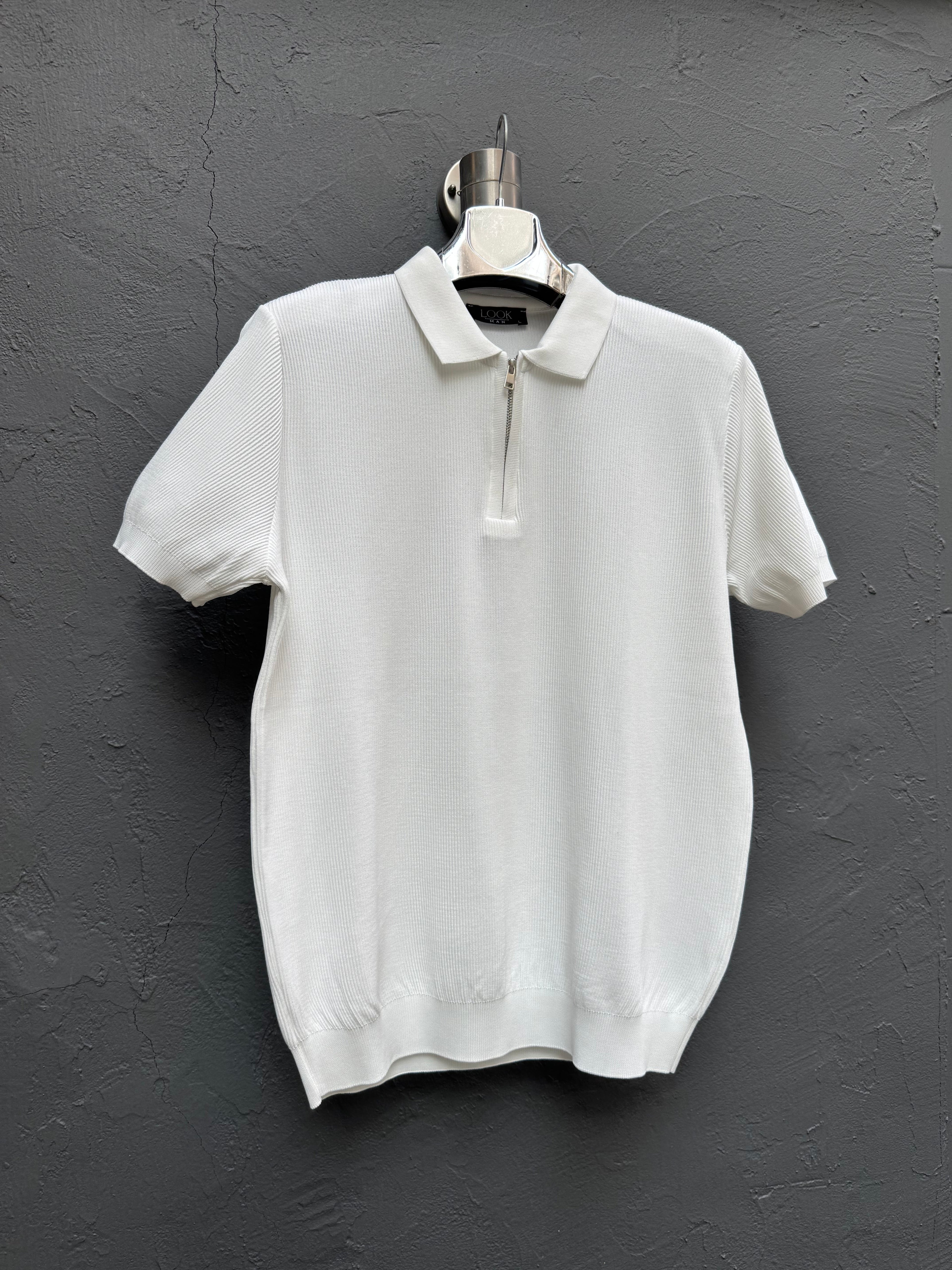 Yaka Fermuarlı Triko T-shirt Beyaz