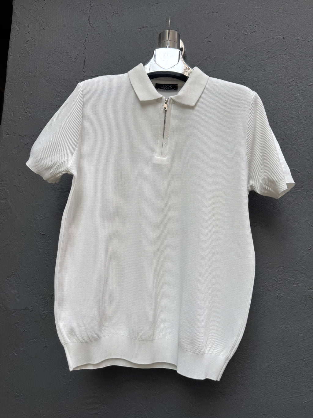 Yaka Fermuarlı Triko T-shirt Beyaz