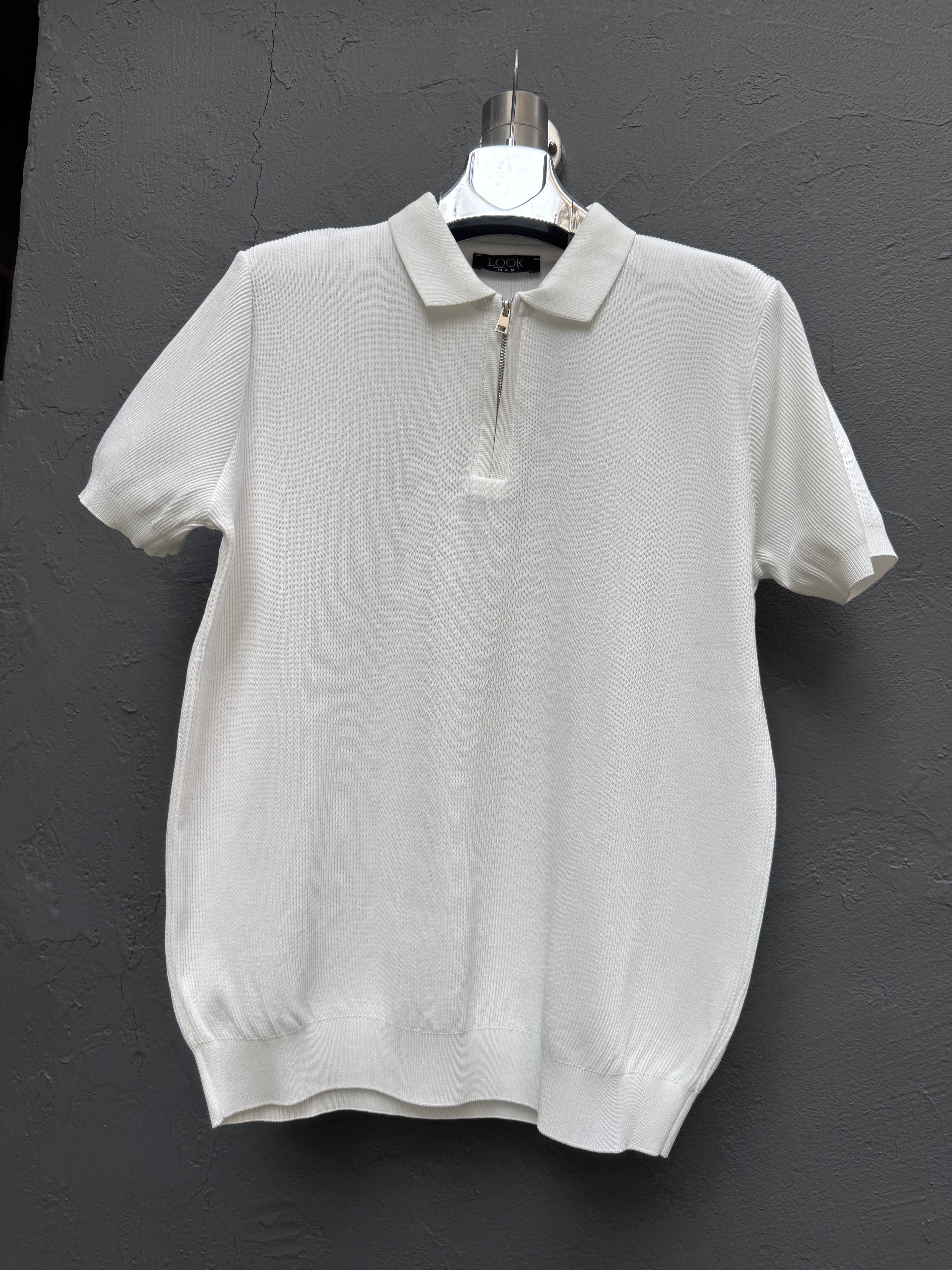 Yaka Fermuarlı Triko T-shirt Beyaz