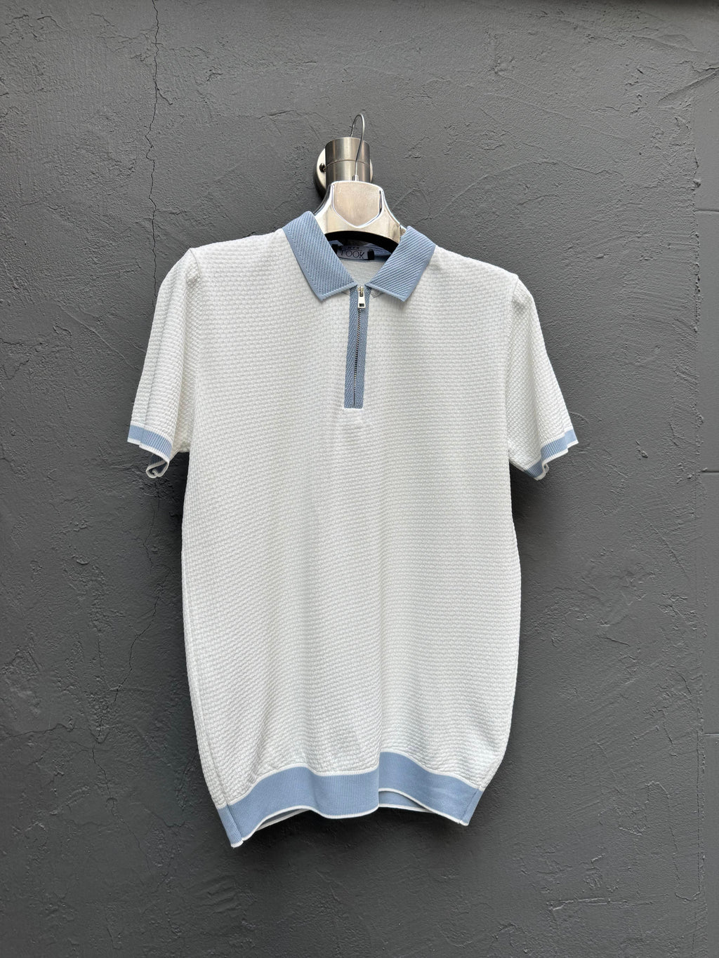 Yaka Fermuarlı Triko T-shirt Mavi-Beyaz