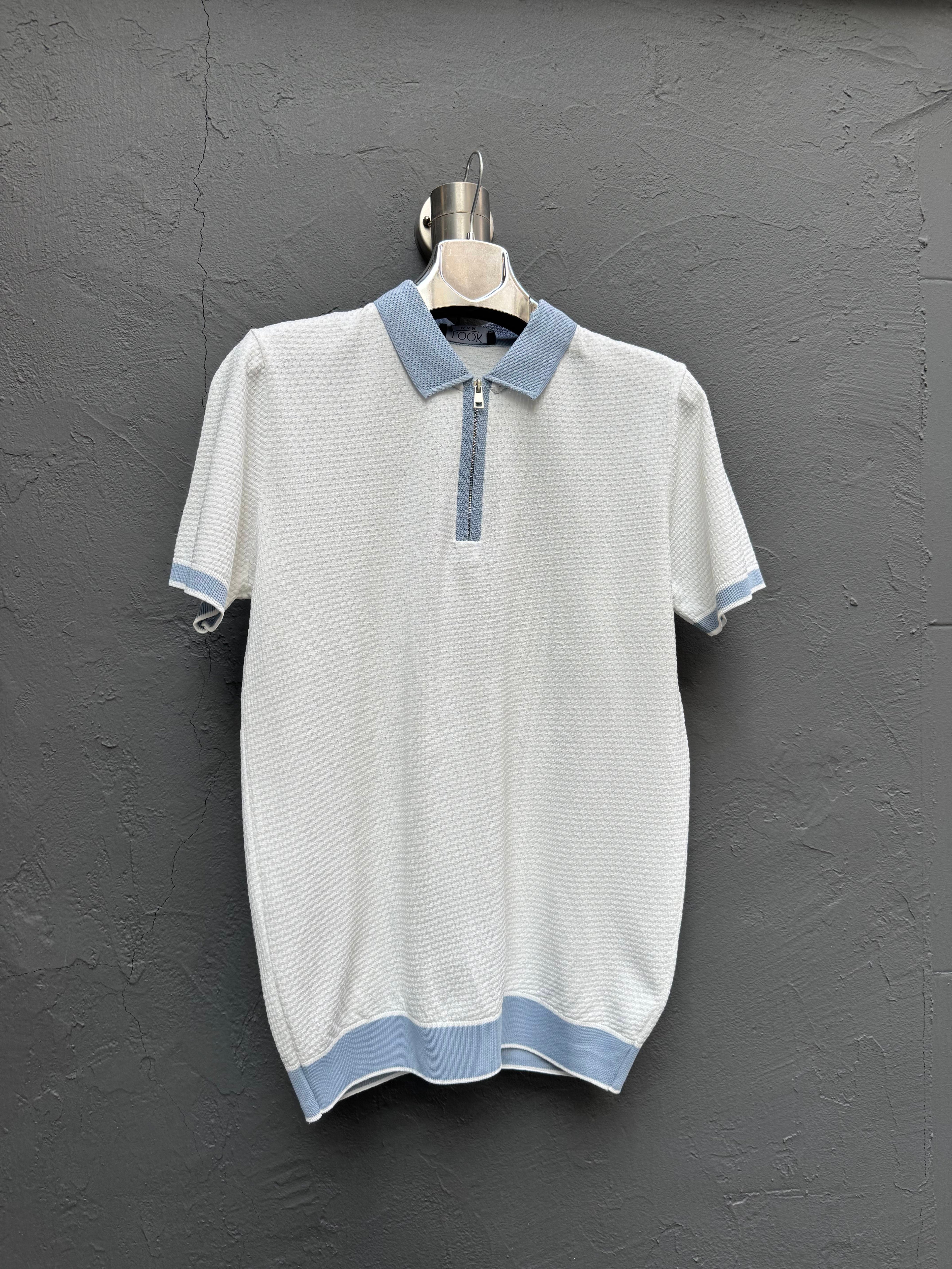 Yaka Fermuarlı Triko T-shirt Mavi-Beyaz