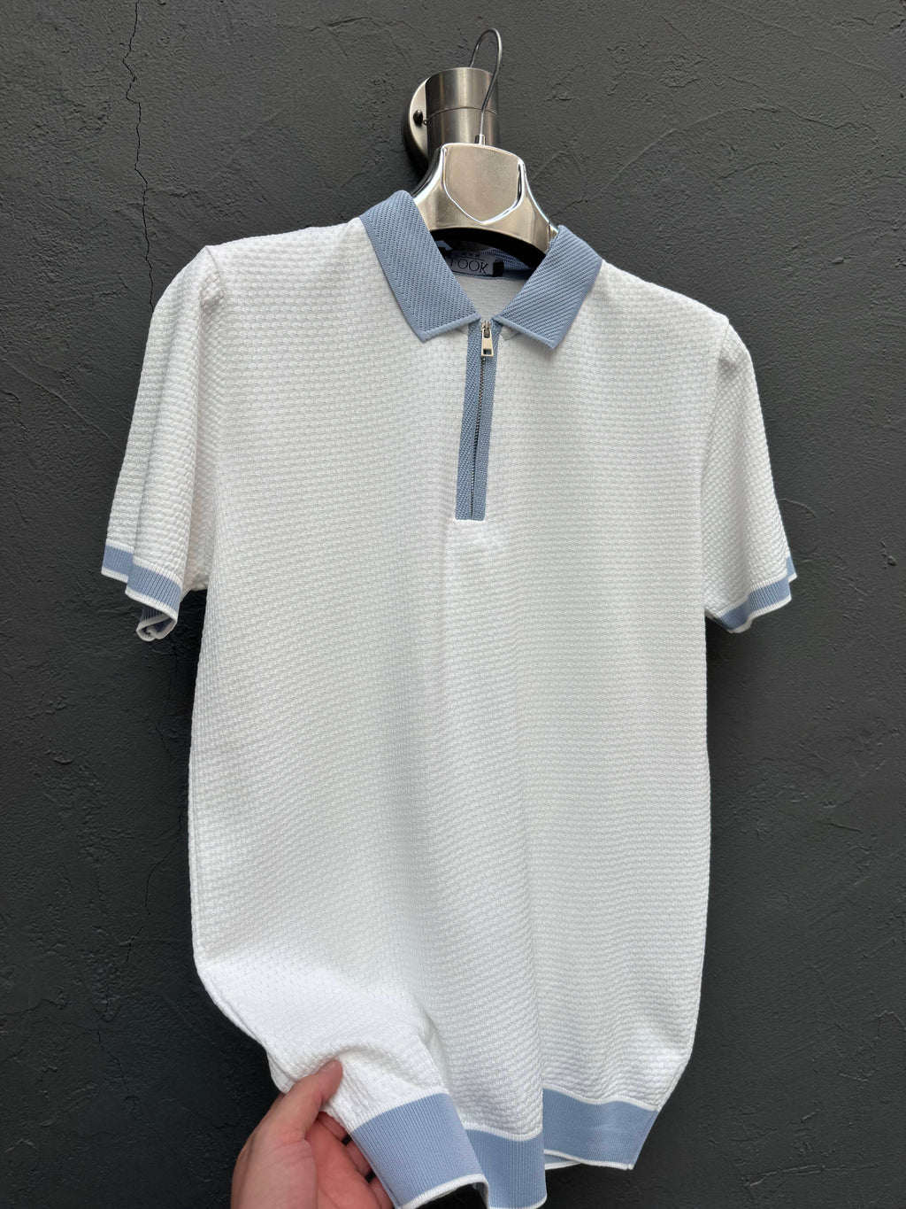 Yaka Fermuarlı Triko T-shirt Mavi-Beyaz