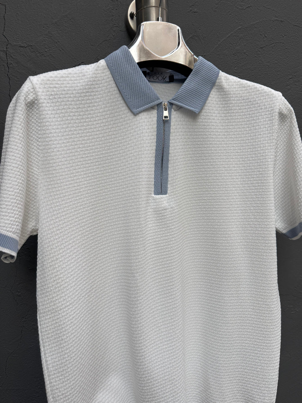 Yaka Fermuarlı Triko T-shirt Mavi-Beyaz