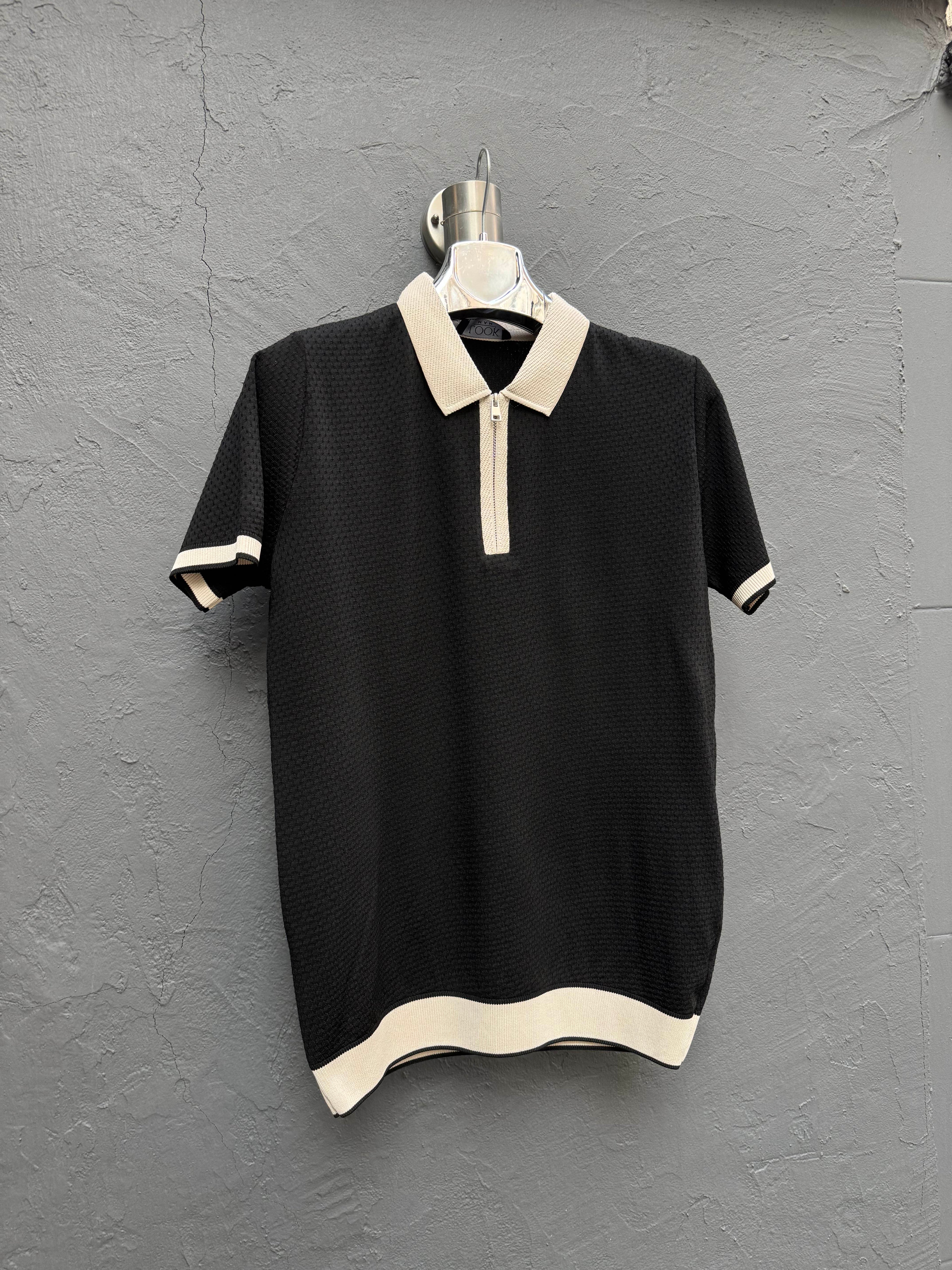 Yaka Fermuarlı Triko T-shirt Siyah