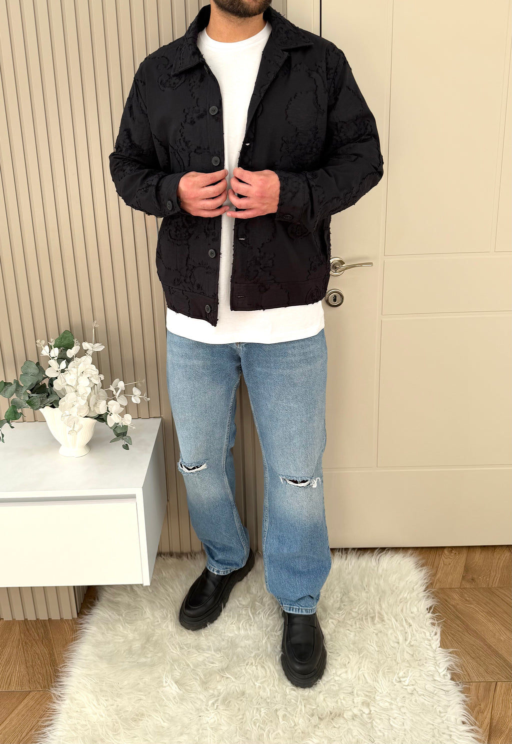 Siyah Etnik Desen Mevsimlik Ceket