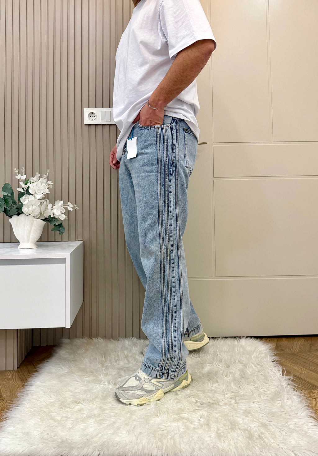 Şerit Detay Baggy Jean Mavi