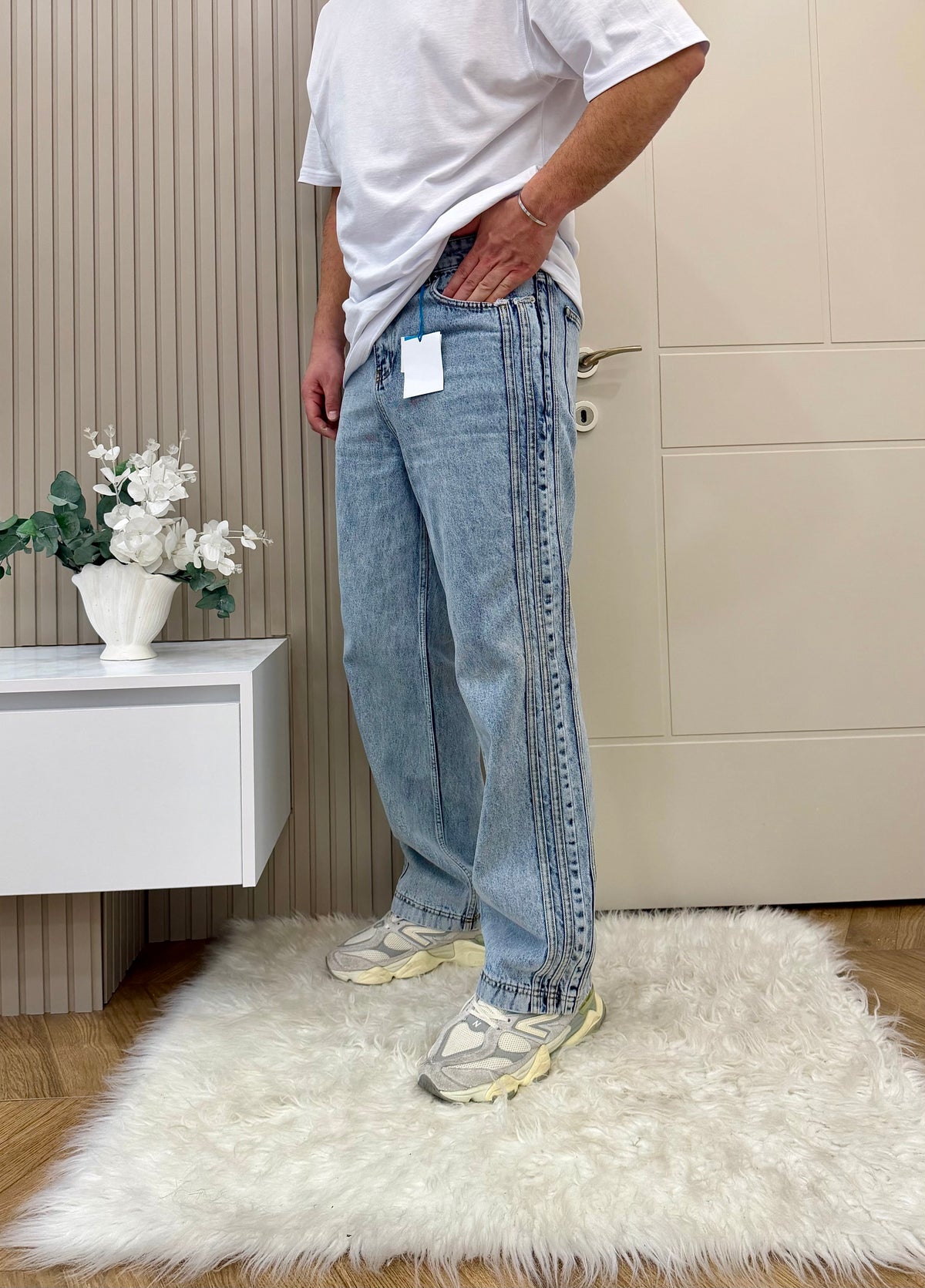 Şerit Detay Baggy Jean Mavi