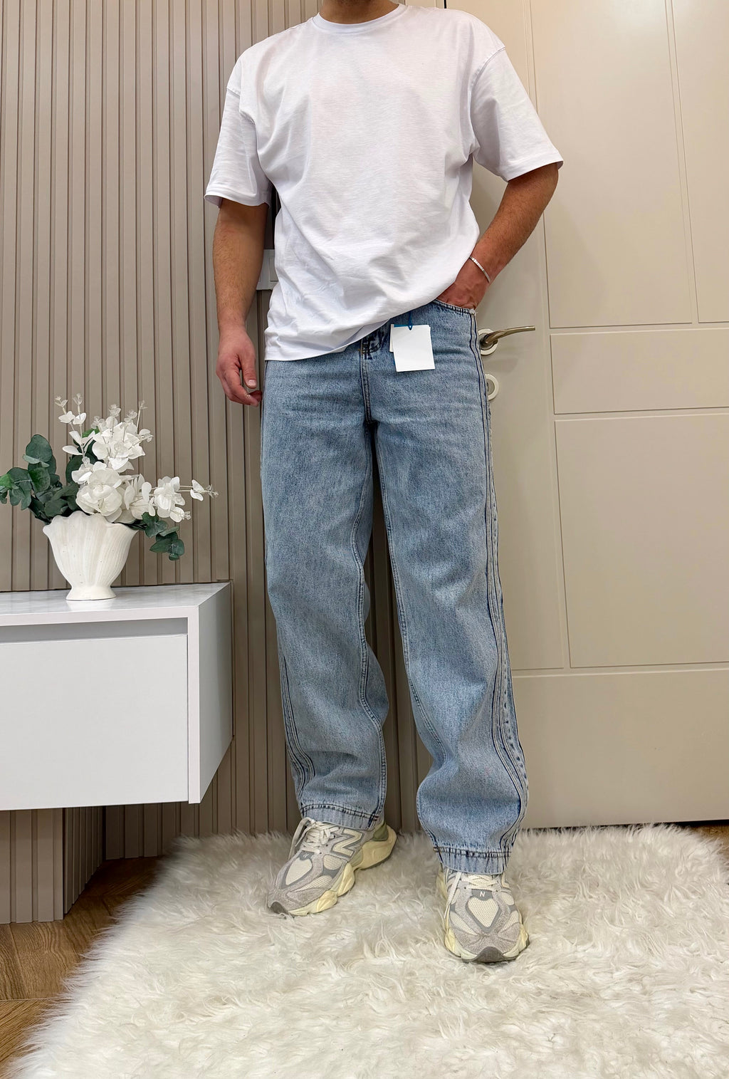 Şerit Detay Baggy Jean Mavi